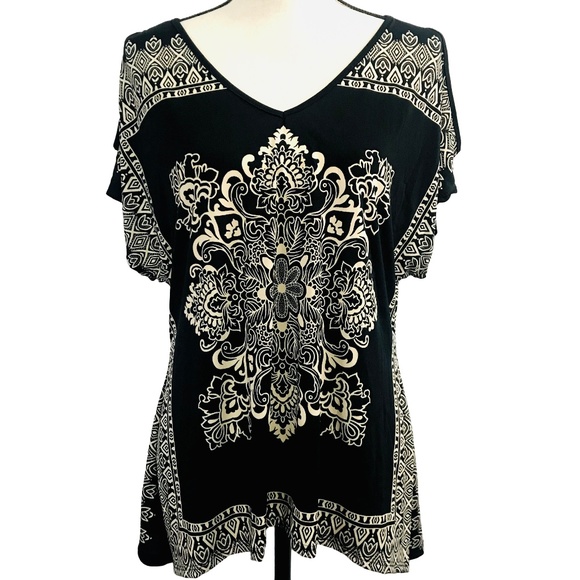 Agenda Tops - Agenda Black & Cream Print Boho Top